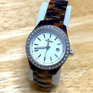 Fossil ES2458 Unisex 50m Faux Tiger Eye Steel Analog Quartz Watch~New Battery